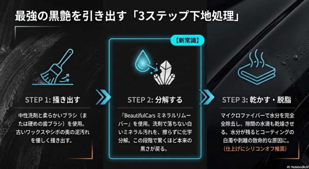 : コーティング失敗の原因となる水分の残留を防ぐ完全乾燥と、シリコンオフによる脱脂の重要性を説明するスライド