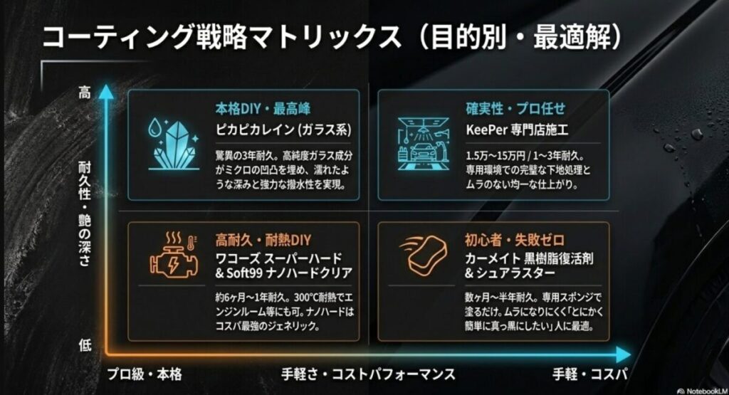 耐久性や手軽さなどの目的別に、ピカピカレイン、ワコーズ、カーメイト、キーパーなどのコーティング剤を分類したマトリックス表