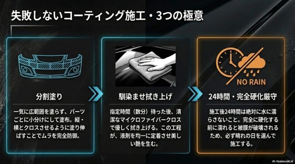 分割塗りなど、DIYで未塗装樹脂コーティングを失敗しないための3つの極意をまとめたスライド