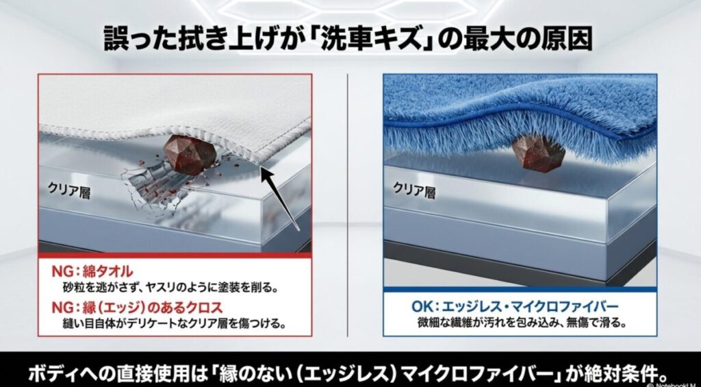 誤った拭き上げによる洗車キズの原因と、綿タオル・縁ありクロス・縁なし(エッジレス)マイクロファイバーの塗装面への影響比較図