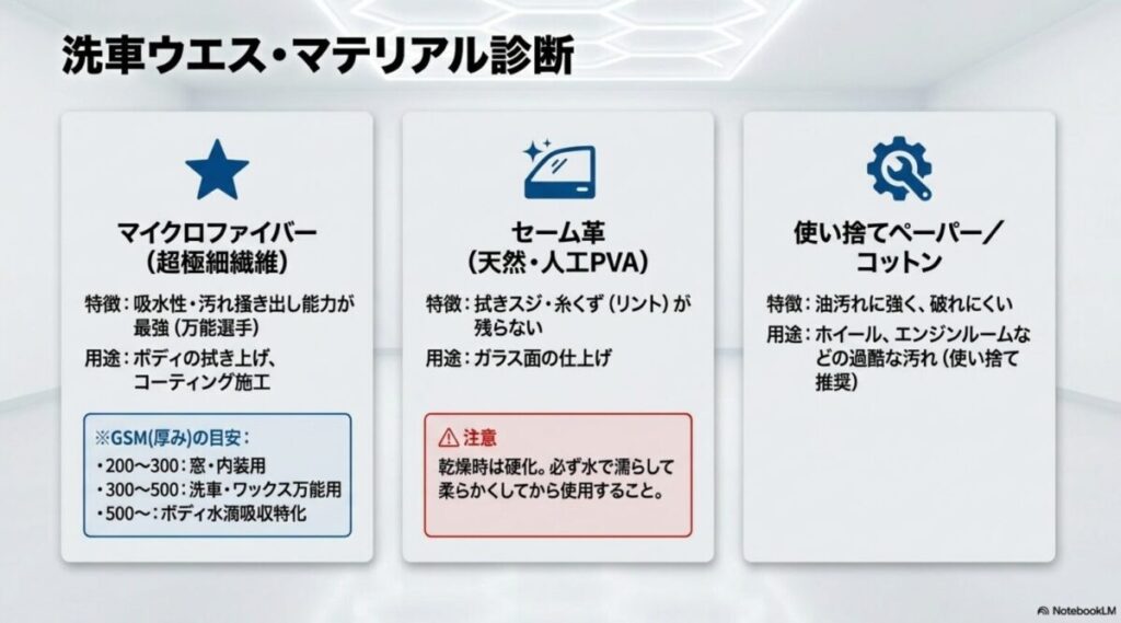 マイクロファイバーのGSM(厚み)別用途目安、セーム革、使い捨てペーパーなど、洗車ウエスの素材ごとの特徴と適した使用箇所一覧