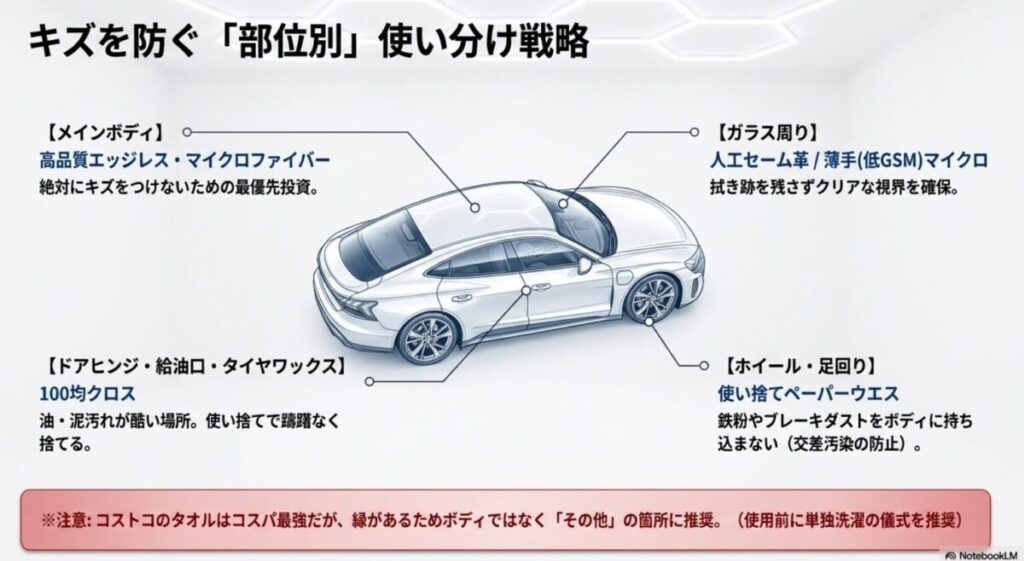 メインボディ、窓ガラス、足回りなど、洗車キズを防ぐための部位別ウエス・クロス使い分け戦略マップ