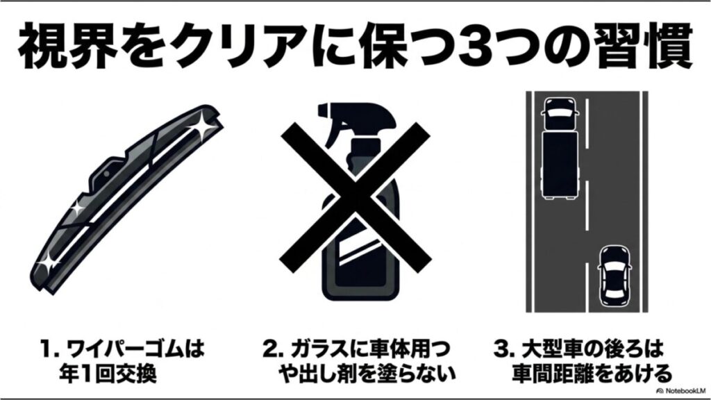 フロントガラスの視界をクリアに保つ3つの習慣(ワイパー交換・車体用つや出し剤不使用・車間距離)