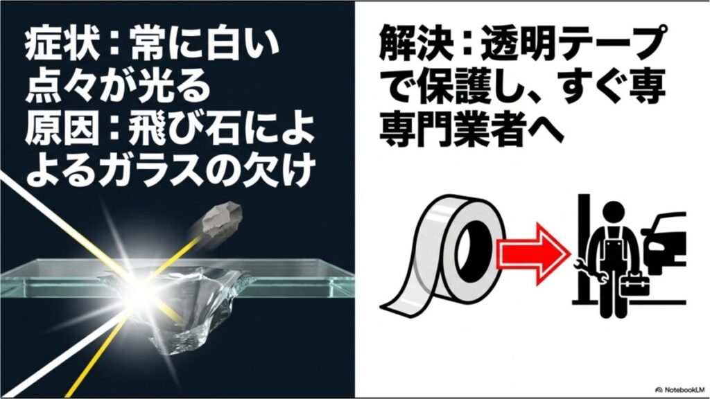 常に白い点々が光る飛び石による欠けの原因と透明テープ保護・専門業者への依頼