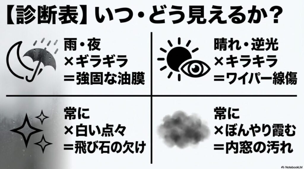 フロントガラスの診断表(雨の夜や晴れの逆光など、いつどう見えるかとその原因