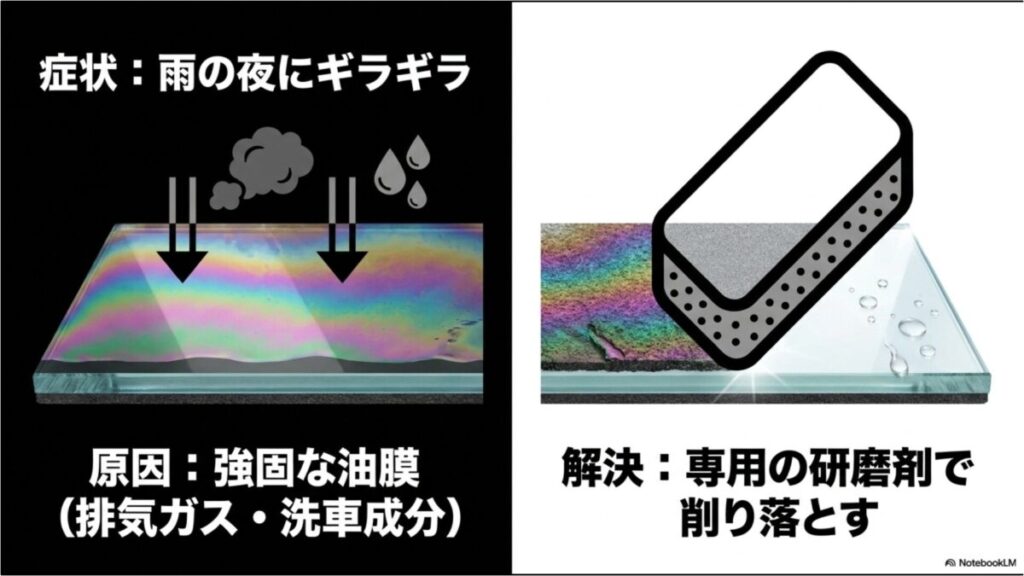 雨の夜にギラギラする原因の強固な油膜と専用研磨剤での解決策