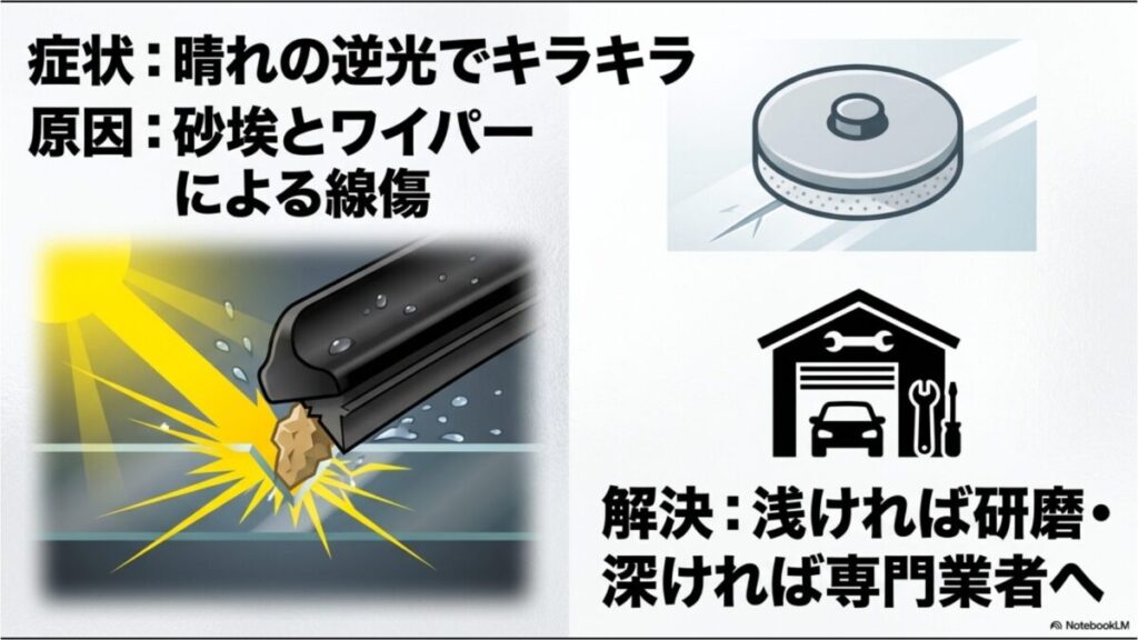晴れの逆光でキラキラするワイパー線傷の原因と研磨や専門業者による解決策