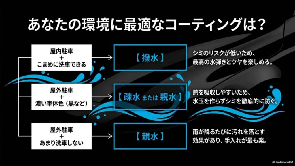 駐車環境、ボディカラー、洗車頻度から導き出す最適なカーコーティングの選び方
