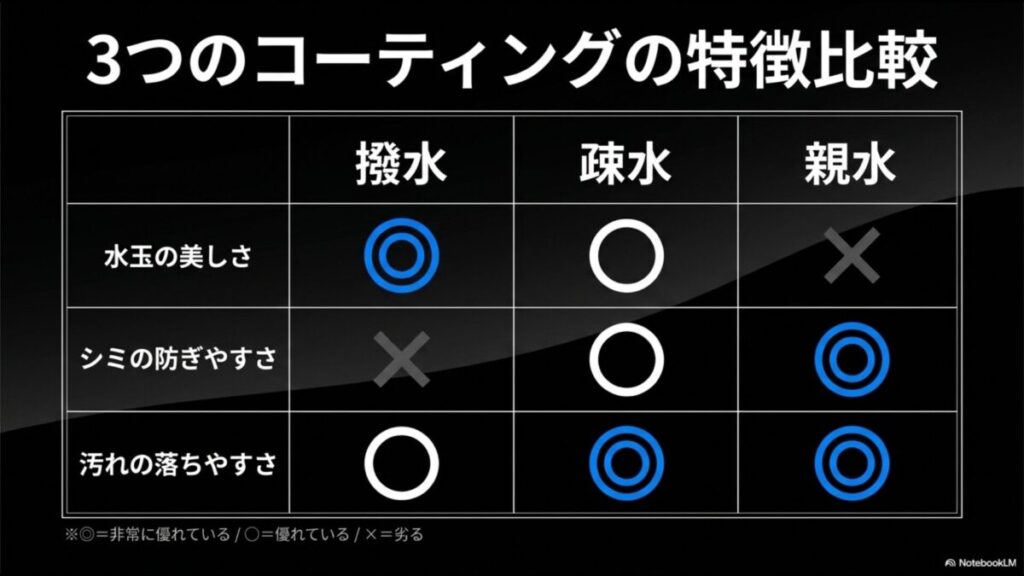 撥水・疎水・親水コーティングの水玉の美しさ、シミの防ぎやすさ、汚れの落ちやすさの比較表