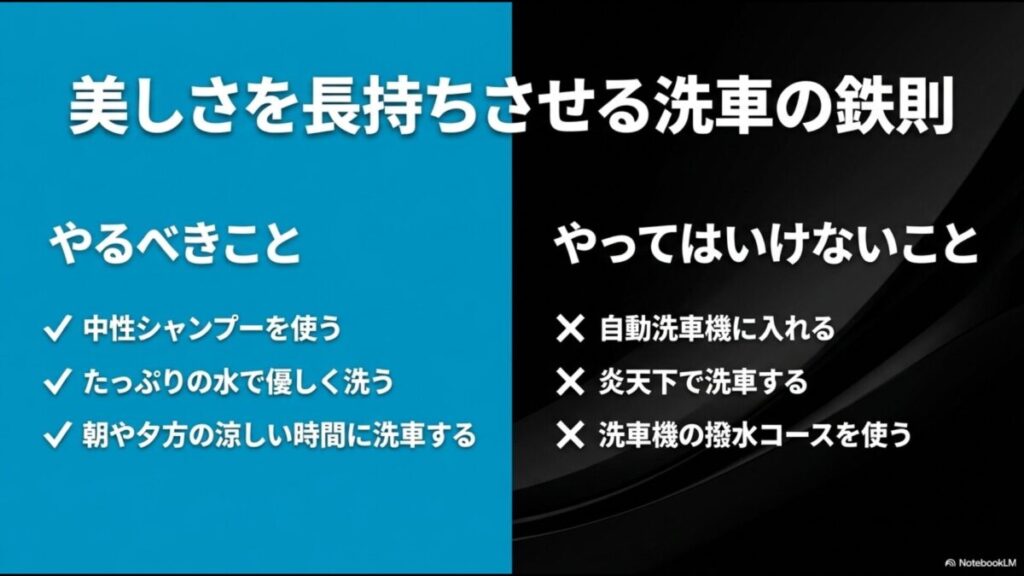 美しさを長持ちさせるための中性シャンプー使用などの正しい洗車手順とやってはいけないこと