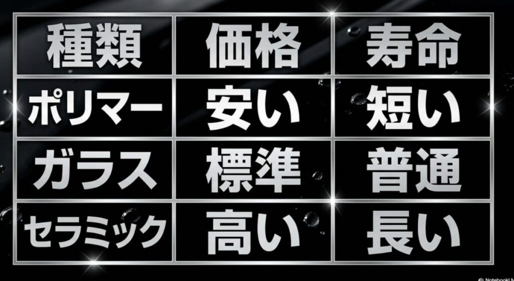 ポリマー、ガラス、セラミックの価格帯と寿命（耐久性）を比較した一覧表