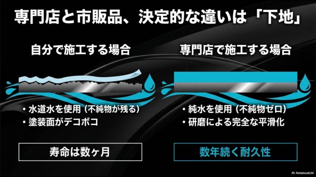 専門店と市販品における下地処理(研磨)や純水使用など決定的な施工環境の違い