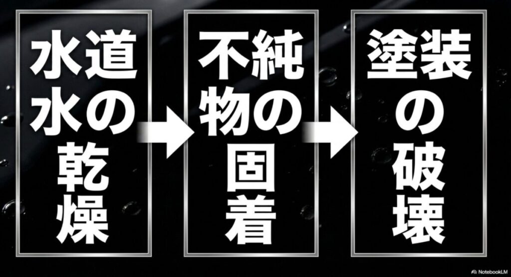水道水が乾燥し、不純物が固着することで塗装が破壊される過程を示す図解
