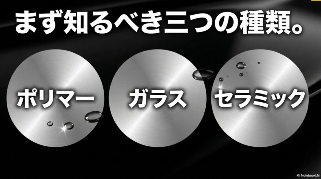 ポリマー、ガラス、セラミックの3つの基本的なカーコーティング種類を示すスライド