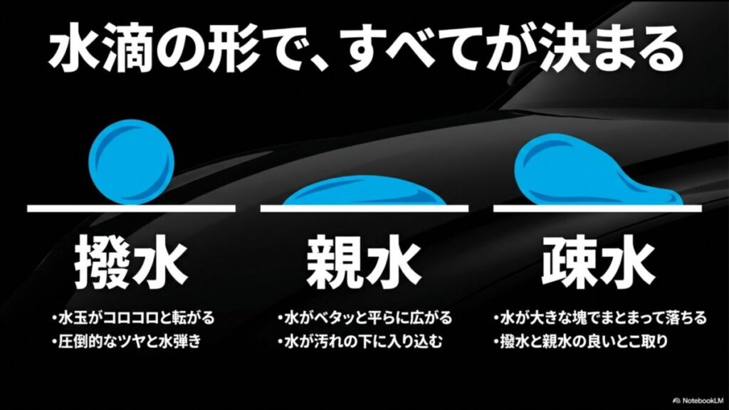 水滴の形で決まる撥水・親水・疎水それぞれの水弾きの特徴