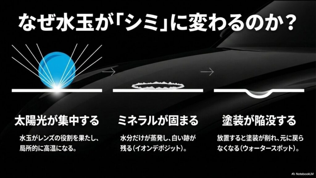 レンズ効果とミネラルによるウォータースポットやイオンデポジットが発生する仕組み