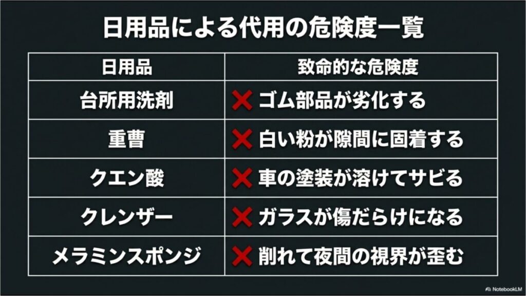 台所用洗剤、重曹、クエン酸、クレンザー、メラミンスポンジを油膜取りに代用した際の致命的な危険度一覧表