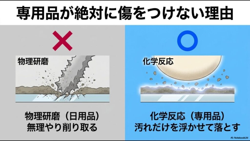 無理やり削り取る物理研磨と違い、化学反応で汚れだけを浮かせて落とすため専用品は絶対に傷をつけない
