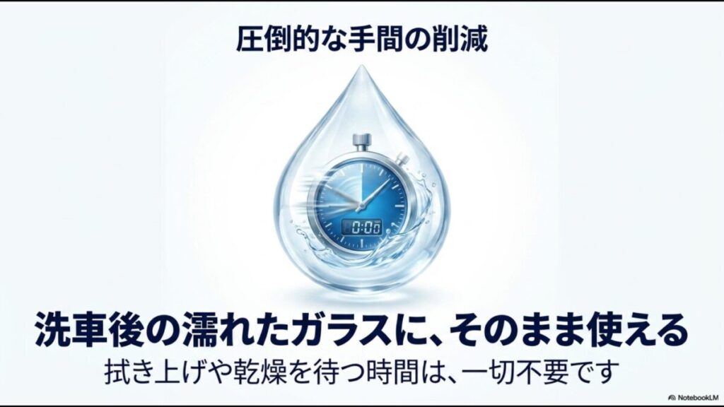 拭き上げや乾燥を待つ時間は不要。洗車後の濡れたガラスにそのまま使えて圧倒的に手間を削減できる