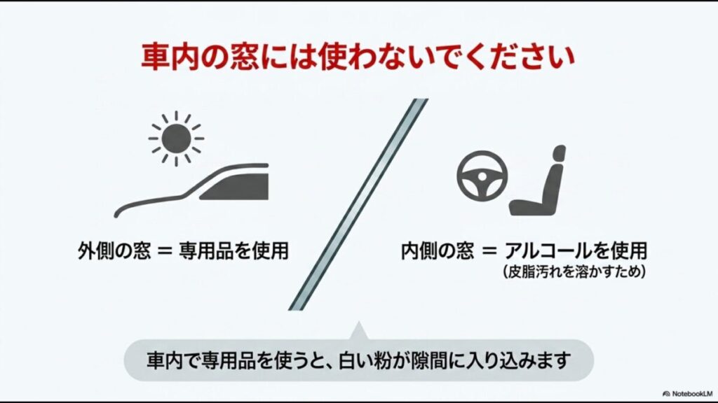 外側の窓には専用品、内側の窓には皮脂汚れを溶かすアルコールを使用。車内で専用品を使うと白い粉が隙間に入り込みます