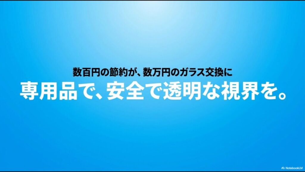 日用品の代用による数百円の節約が数万円のガラス交換に繋がるリスク。専用品で安全で透明な視界を。
