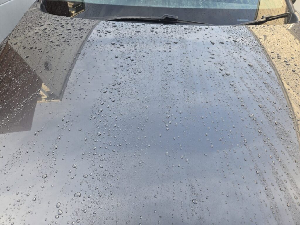 水滴が残る車のボンネット表面。塗装の状態は汚れや水シミと区別して確認したい