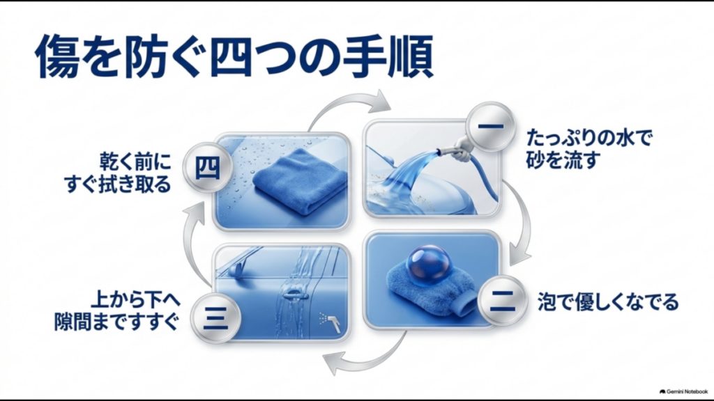 予洗い、泡洗車、すすぎ、拭き上げの順でコーティング車を洗う4つの手順