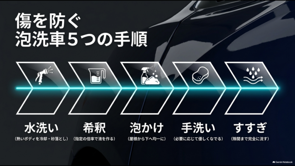 水洗い、シャンプー希釈、泡かけ、手洗い、すすぎの順で行うフォームガン泡洗車の5工程