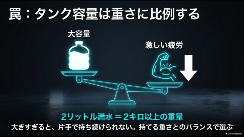 フォームガンはタンク容量が増えるほど満水時に重くなり、持ち続ける負担が増えることを示した図