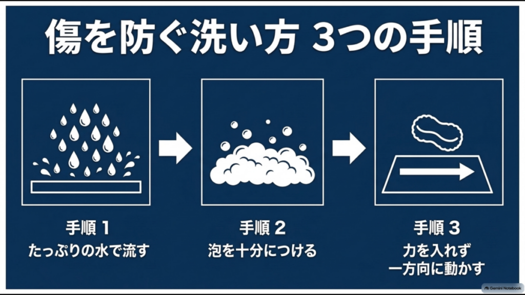 たっぷりの水で流し泡をつけて力を入れず一方向に動かす洗車傷予防の3手順