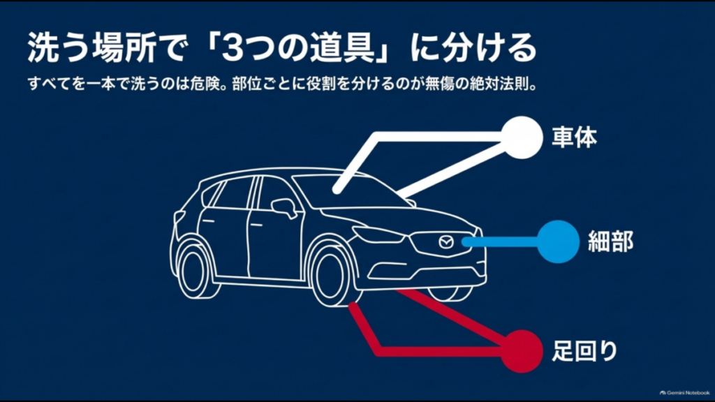 洗車ブラシを車体用・細部用・足回り用の3つに分けて使う考え方を示した図