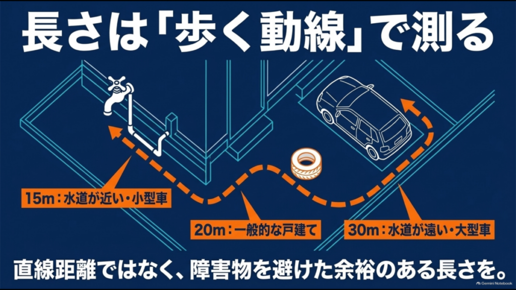 洗車ホースの長さを15m・20m・30mから駐車環境別に選ぶ目安