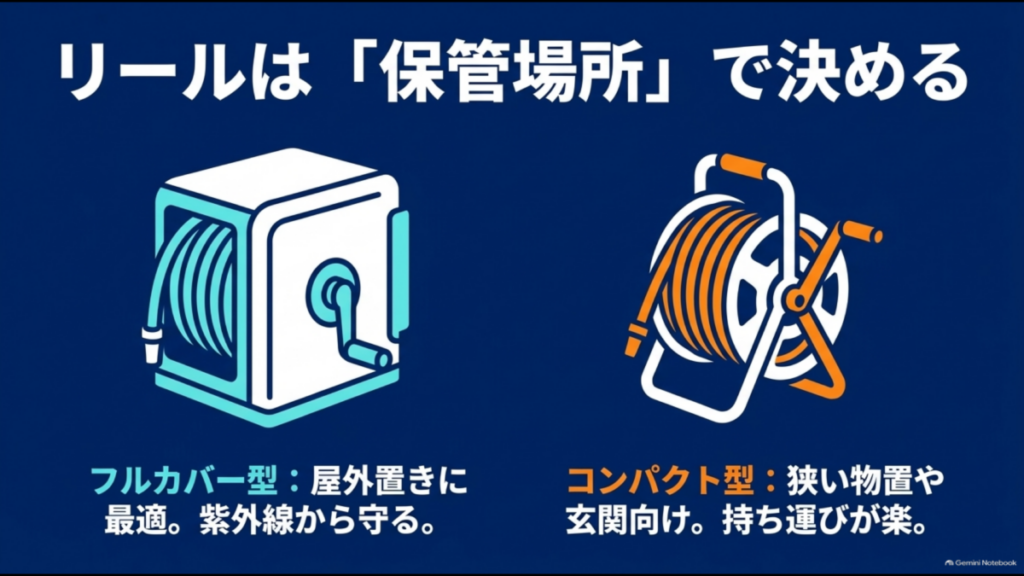 洗車ホースリールのフルカバー型とコンパクト型を保管場所別に比較した図