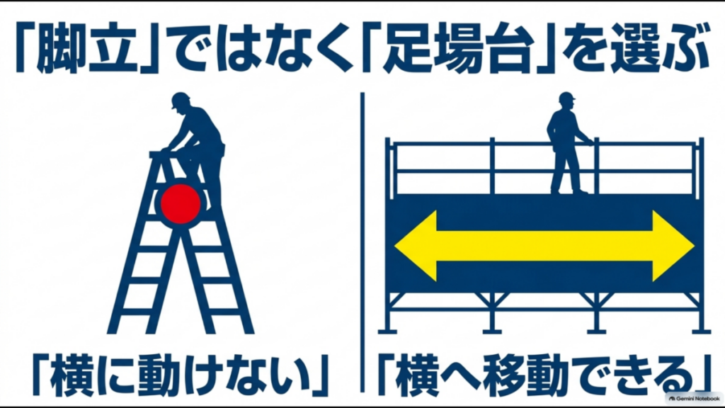 洗車用脚立と足場台を比較し、足場台は横方向へ移動しやすいことを示す図