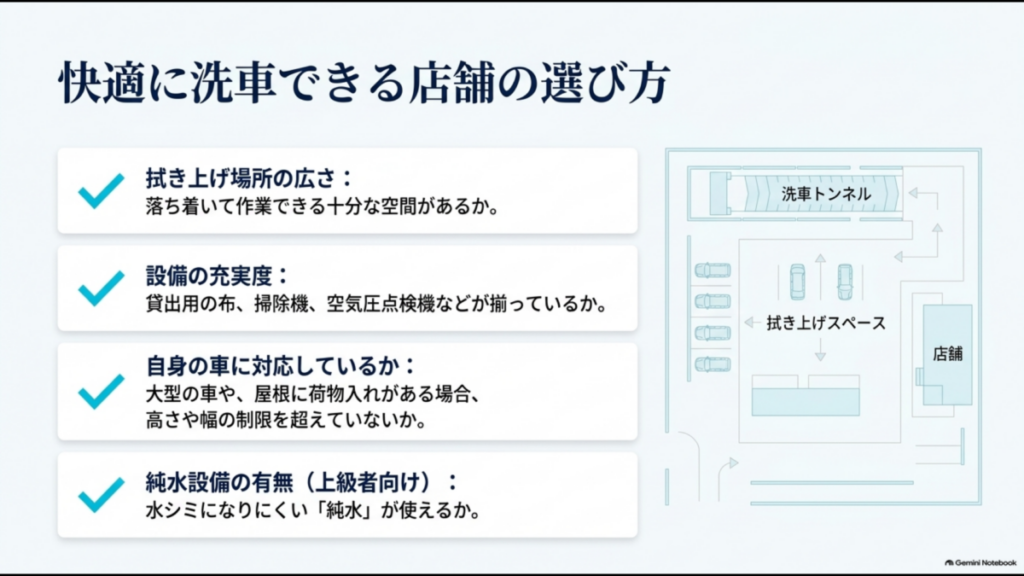 ガソリンスタンド洗車で拭き上げ場所、設備、車種対応、純水設備を確認する店舗選びのポイント