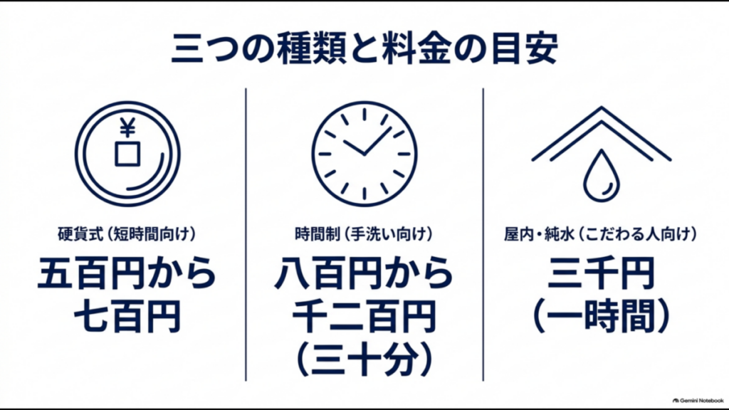 セルフ洗車場の硬貨式・時間制・屋内純水タイプの料金目安を比較した図
