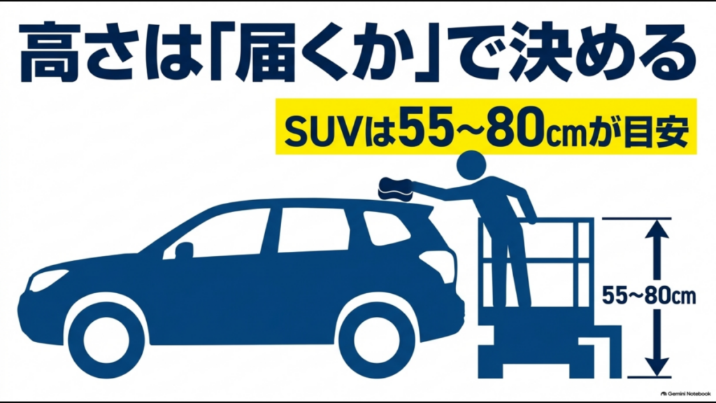 SUVのルーフ中央へ届きやすい洗車用足場台の高さ55〜80cmの目安を示す図」