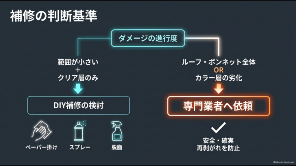 車のクリア剥がれが小範囲ならDIY補修を検討し、ルーフやボンネット全体の剥離やカラー層の劣化では専門業者へ相談する判断図