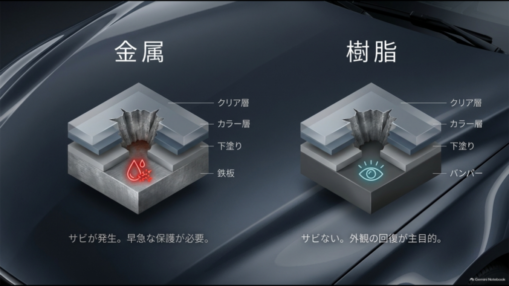車の金属パネルと樹脂製バンパーの塗装剥がれを比較し、鋼板のサビ発生リスクと樹脂の違いを示す図解
