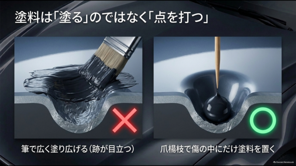 車の飛び石による小さな塗装剥がれを、筆で広く塗る方法と爪楊枝の先で点状に塗料を置く方法を比較した図解