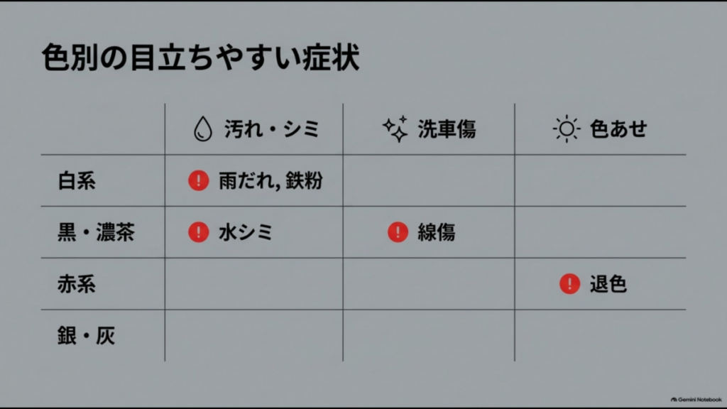 白い車は雨だれや鉄粉、黒や濃い茶色の車は水シミや線傷、赤い車は退色が目立ちやすいことを示した比較表