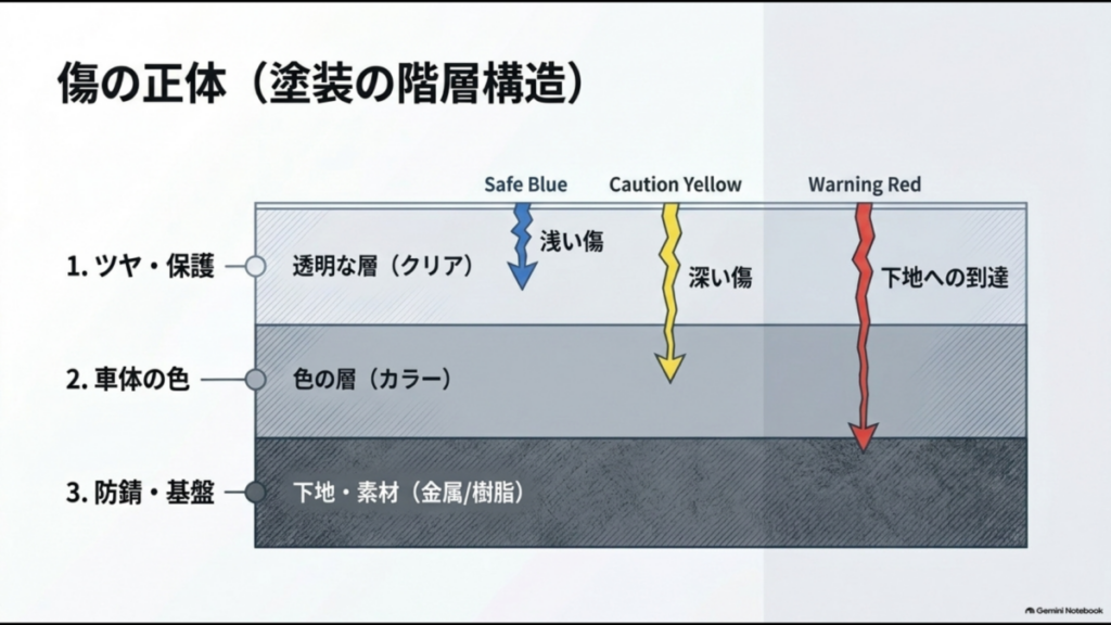 車の塗装の階層構造と擦り傷の深さの違い