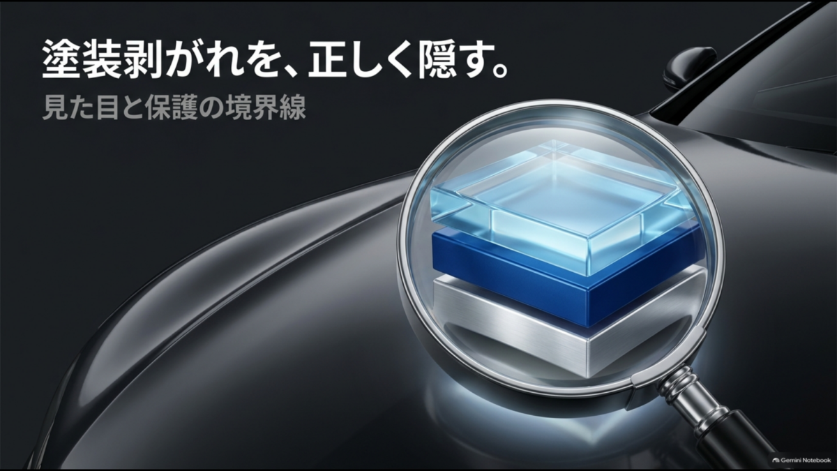 車のボディと虫眼鏡で拡大した塗装の層を描き、塗装剥がれを隠すことと保護の違いを示すイメージ図