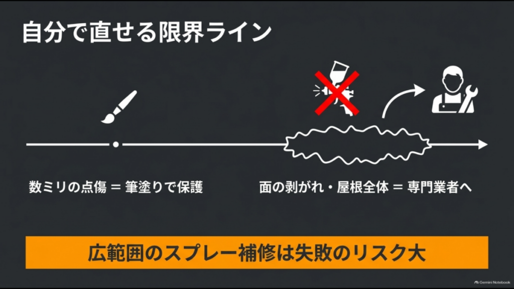数ミリの点傷は筆塗りで保護し、面の剥がれや屋根全体の劣化は専門業者へ相談する判断基準を示した図
