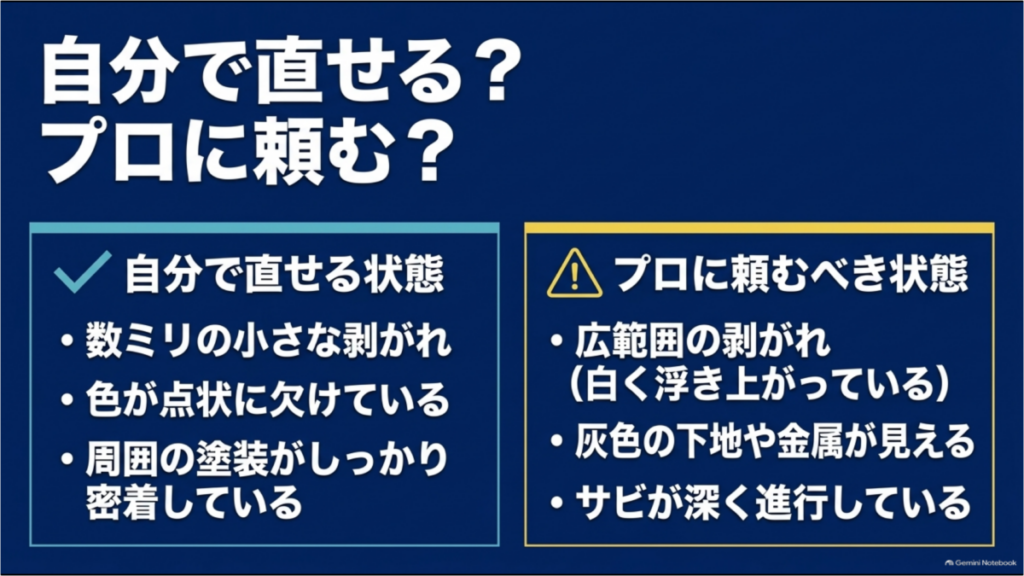 車の塗装剥がれをDIYで補修できる小さな傷と、広範囲の剥離や深いサビなどプロへ相談したい状態を比較した図解