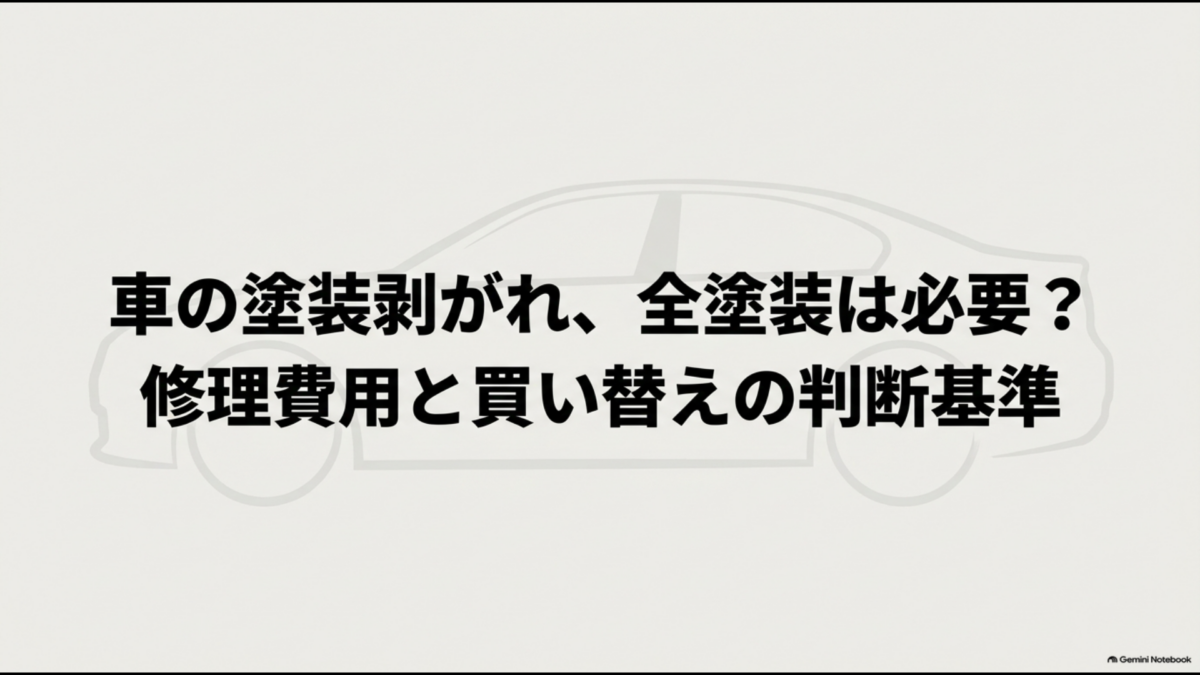車の塗装剥がれで全塗装が必要か、修理費用と買い替えの判断基準を解説するスライド