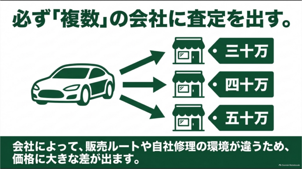 同じ車に対して3社が30万円、40万円、50万円と異なる査定額を提示する比較イメージ