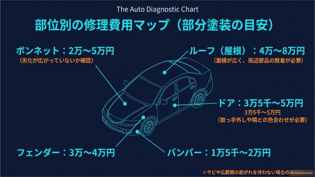 車の塗装剥がれ修理の部位別料金相場を示した図。ボンネット2万~5万円、ドア3万5千~5万円、ルーフ4万~8万円などの目安を車体図で解説 コピー