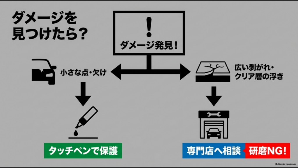 車の小さな塗装欠けはタッチアップペンでの補修を検討し、広い剥がれやクリア層の浮きは専門店に相談する判断図