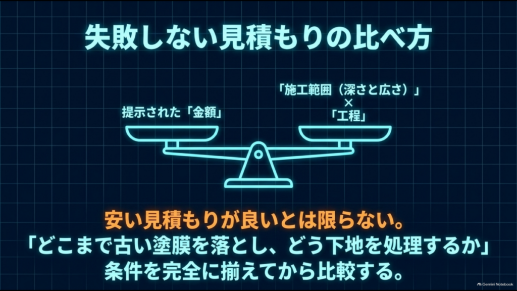 車の塗装剥がれ修理で見積もりを比較するポイントを示す図解。提示金額だけでなく、古い塗膜の除去範囲や下地処理などの施工工程をそろえて比較する重要性を説明 コピー